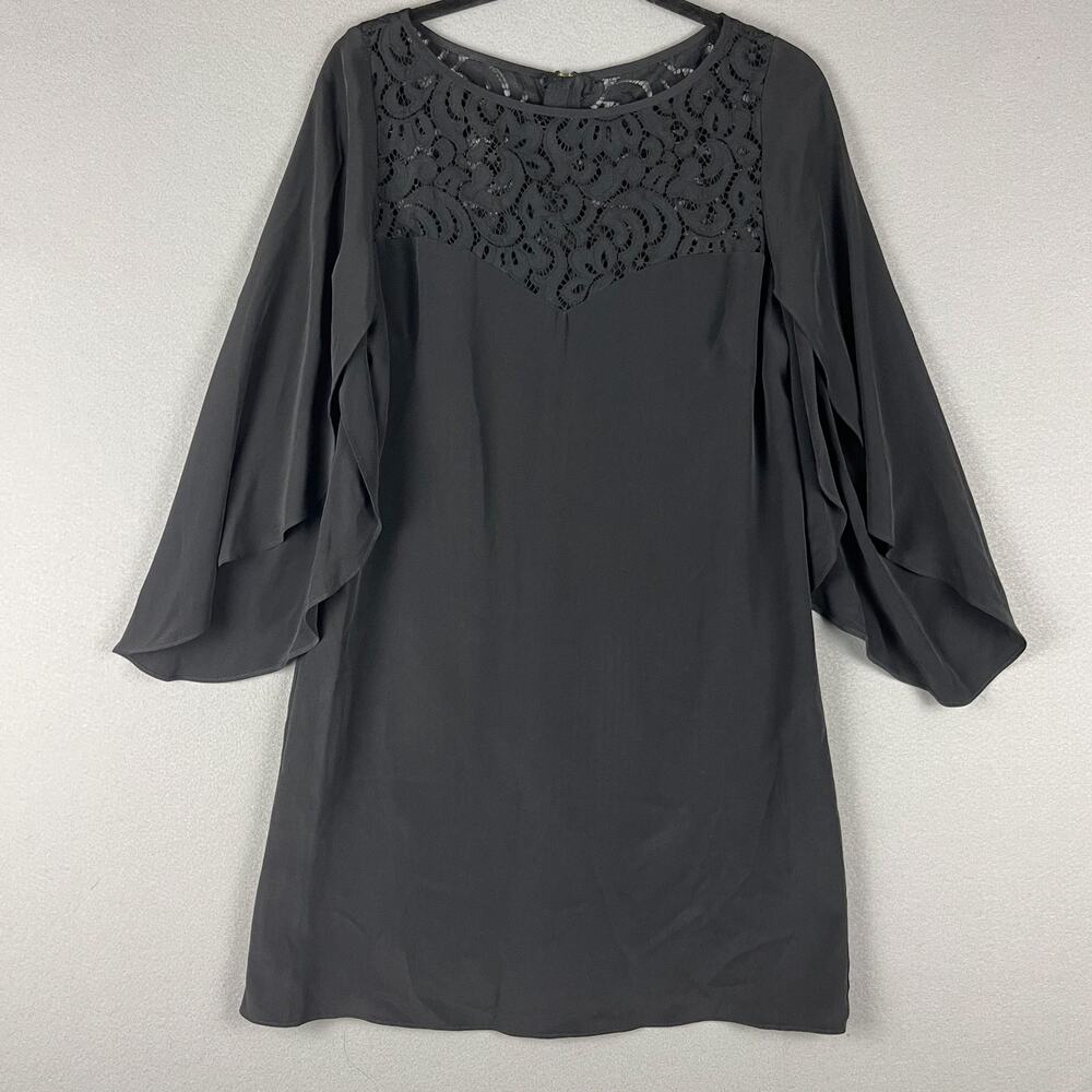 Milly Kiera Silk Dress Women 8 Black Crochet Lace Butterfly Sleeve Relaxed Flowy